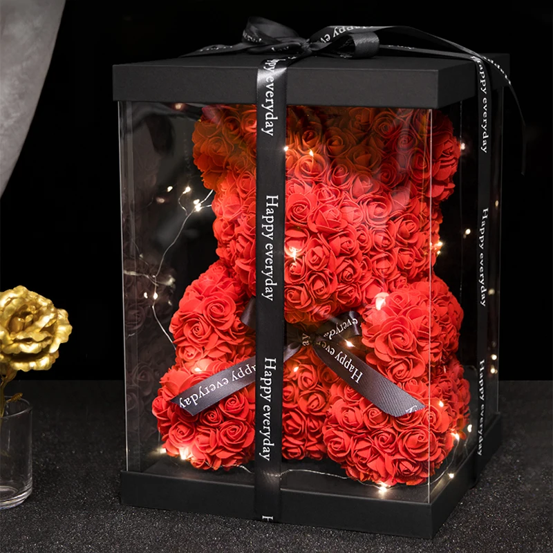 Wedding Decoration Rose Bear Artificial Flower With Box and Light Rose Teddy Bear For Women Valentines Girlfriend Birthday Gifts