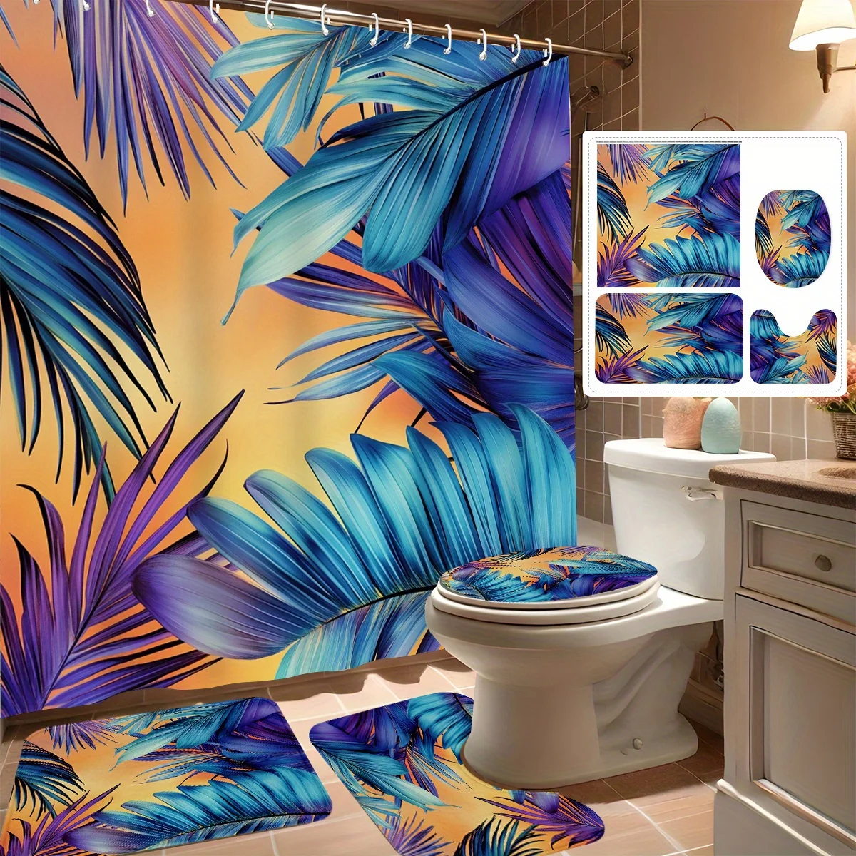 

Набор из 4 занавесок для душа, тропические синие и коричневые пальмовые листья, современный декор для ванной комнаты, в комплект входит 12 крючков, нескользящий коврик для ванной
