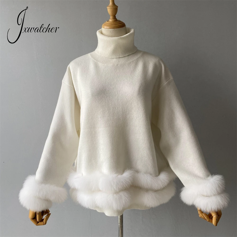 Jxwatcher Women\'s Sweater Set with real fur Ladies Spring Fall Warm Turtleneck Pullover Good Elasticity Wool Blend Kintted Tops