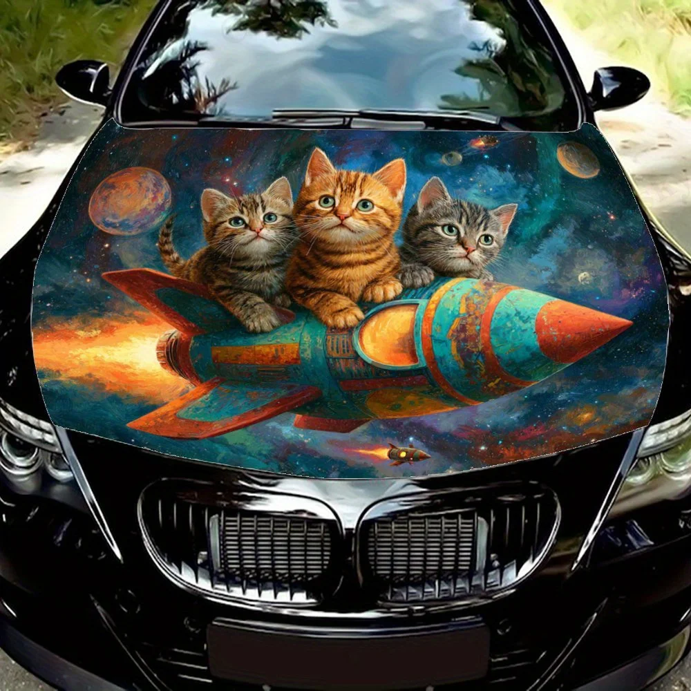 Rocket Cat Car Film,PVC Waterproof Car Hood Sticker,self-adhesive Scratch Resistant Sticker,suitable For Trucks,cars,and SUVs,pe