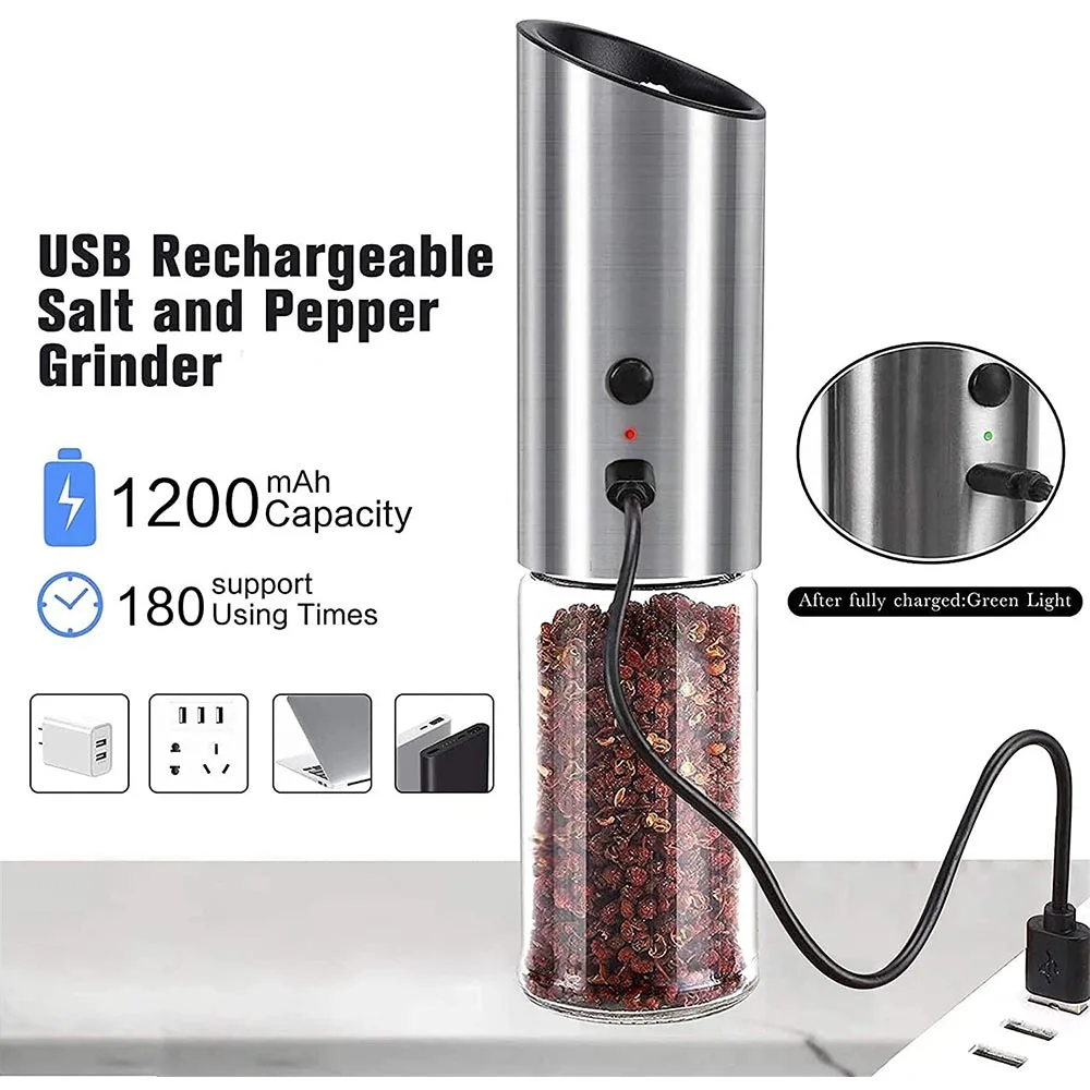 New Cheap USB Rechargeable Electric Salt And Pepper Grinder Set Automatic Stainless Steel Spice Mills Shakers Kitchen Tool