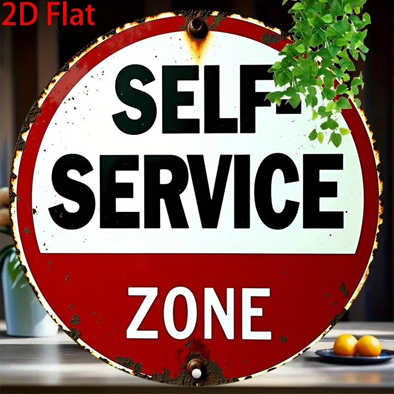 2D Flat Metal Sign, a Retro Round Wall Decoration, Featuring a 'Self-Service Area' Logo. Ideal for Kitchens, Garages, And Bars