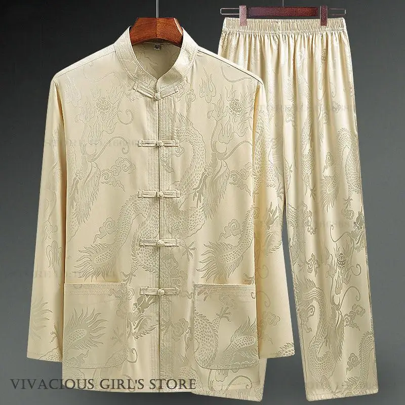 

Традиционный китайский мужской костюм Тан (Ханьфу) с жаккардовым узором дракона, униформа для кунг-фу и тай-чи, свободная рубашка, брюки, верхняя одежда, восточная одежда