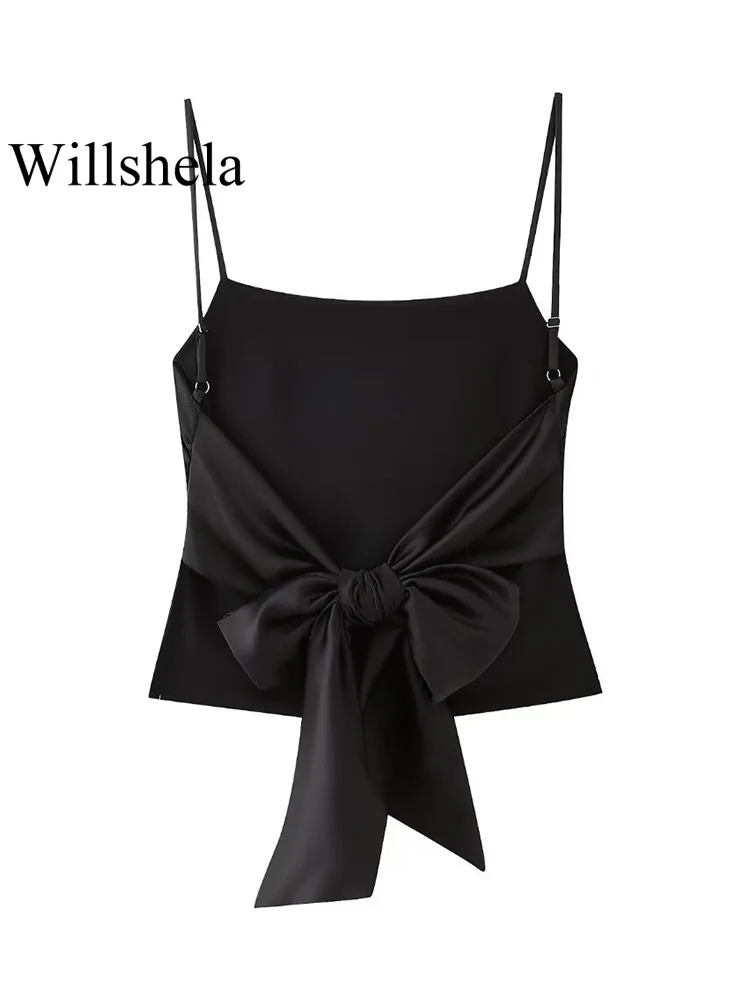 Willshela Women Fashion Solid Backless Bow Lace Up Camisole Vintage Thin Straps Square Collar Female Chic Lady Tops