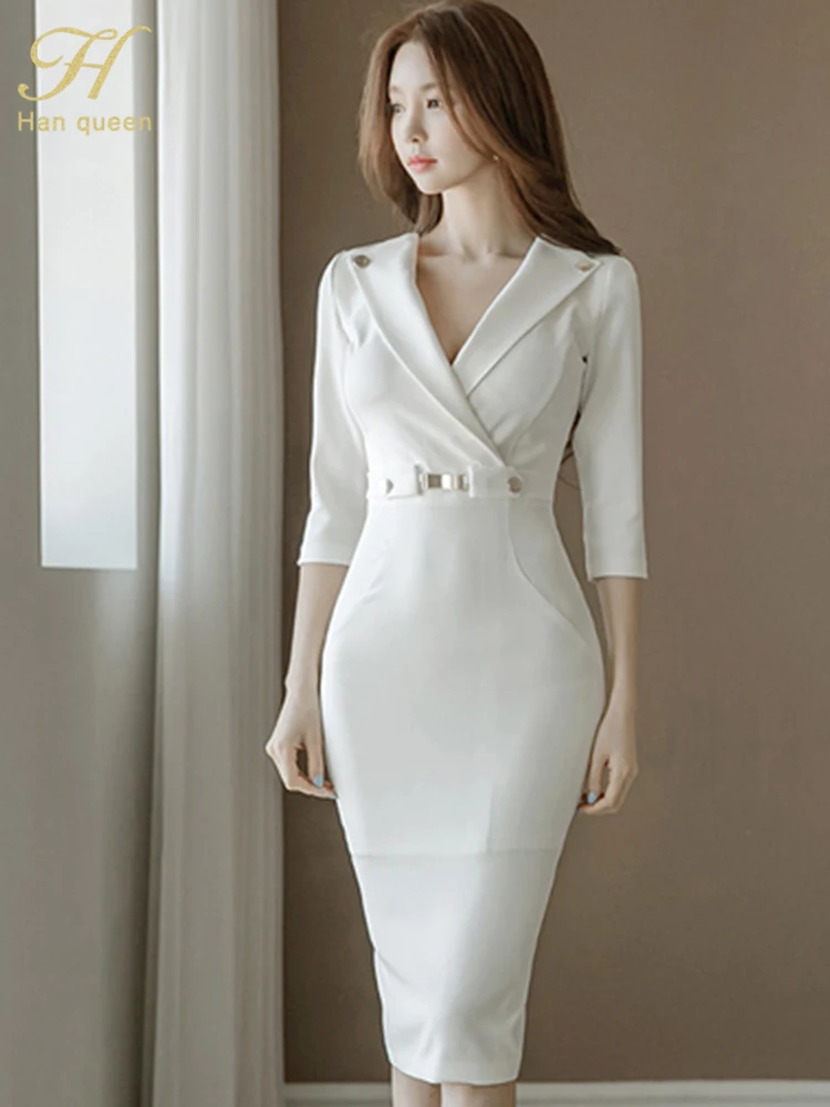 H Han Queen Hot sale Autumn Women V-neck Fashion Slim Bag hip Pencil Dress White Business Party Office Sheath Bodycon Dresses