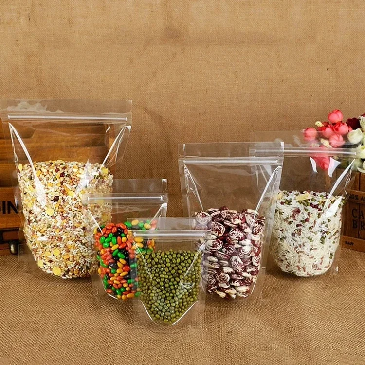 High Definition Transparent Self Standing  Self Sealing Storage Bag Dry Fruits Rice Plastic Packaging Bag Zipper Packing Bags