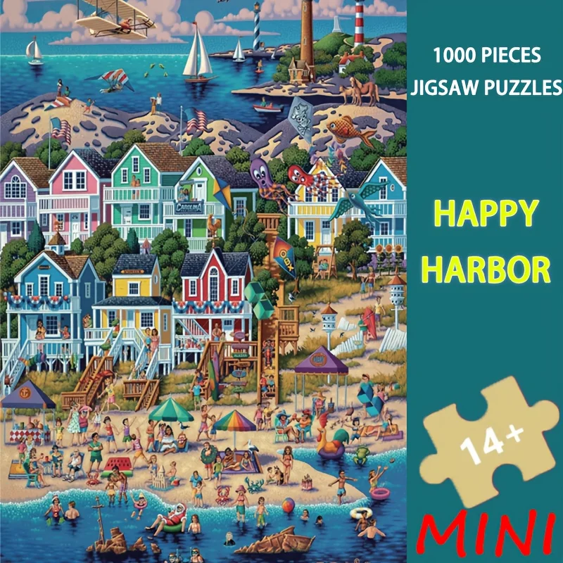 

Mini Puzzle Happy Harbor 1000pcs Puzzle 38x26cm Vintage Nautical Hand Painted Lighthouse Sailboat Silhouettes Coastal Wall Decor