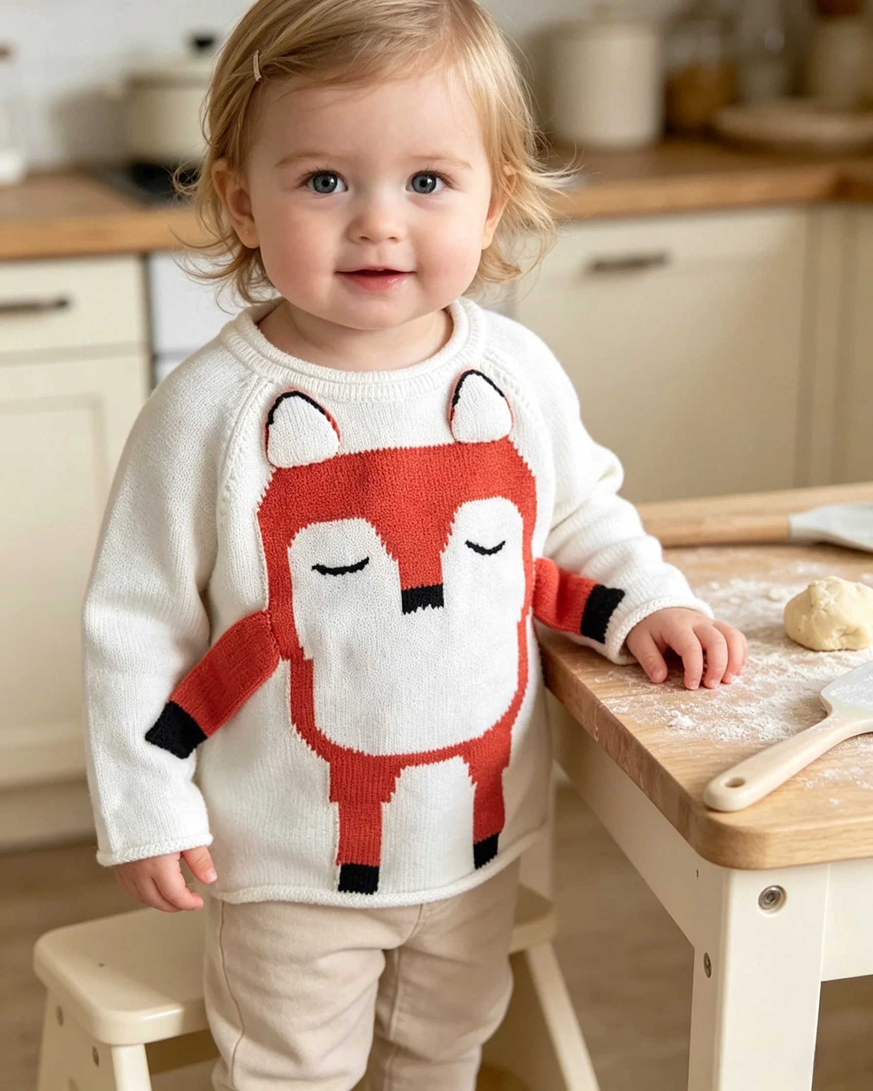 Toddler Cute 3D Fox Knit Sweater with Tail - White