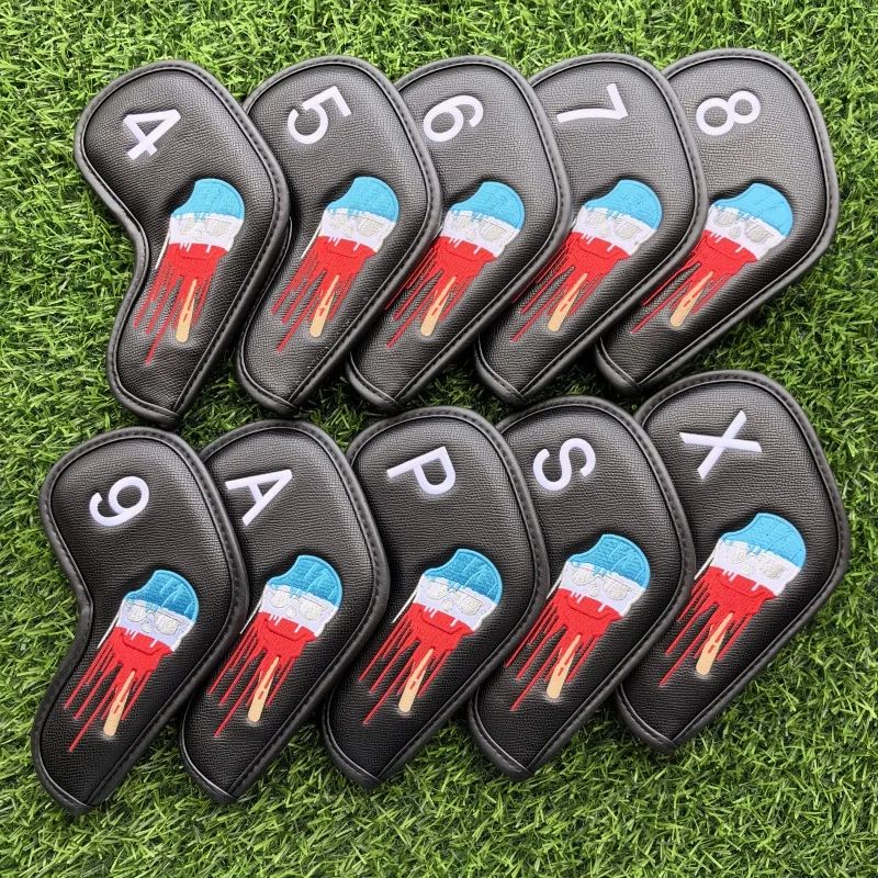 Cartoon skull Golf Iron Cover Cover Irons Club PU Leather Golf Head Cover Golf Accessories Magnet Closure 10 Piece Set