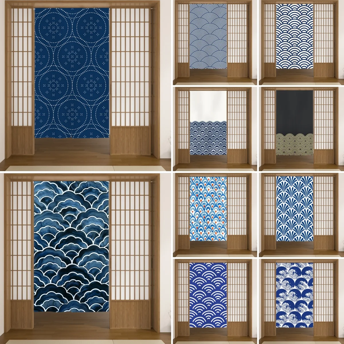 Blue Japanese Door Curtain Noren Ukiyo-e Wave Bathroom Kitchen Living Room Doorway Partition Blackout Linen Half Curtains