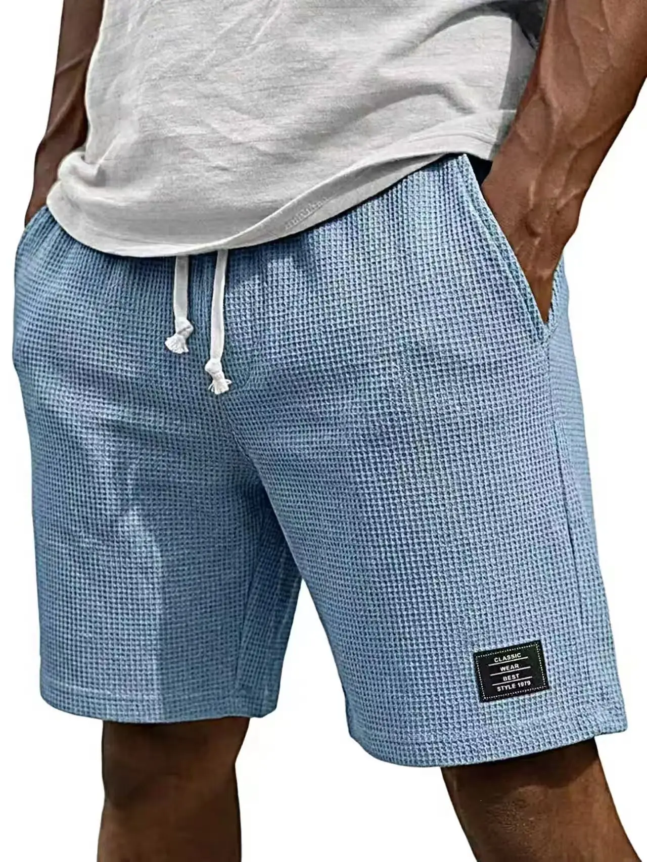 Sommerliche Herren-Shorts im Waffel-Stil, Business-Casual, neue koreanische Mode, mit Kordelzug, Baggy-Shorts, Fitness, atmungsaktiv, Streetwear, Gym, für Männer – Detail 3