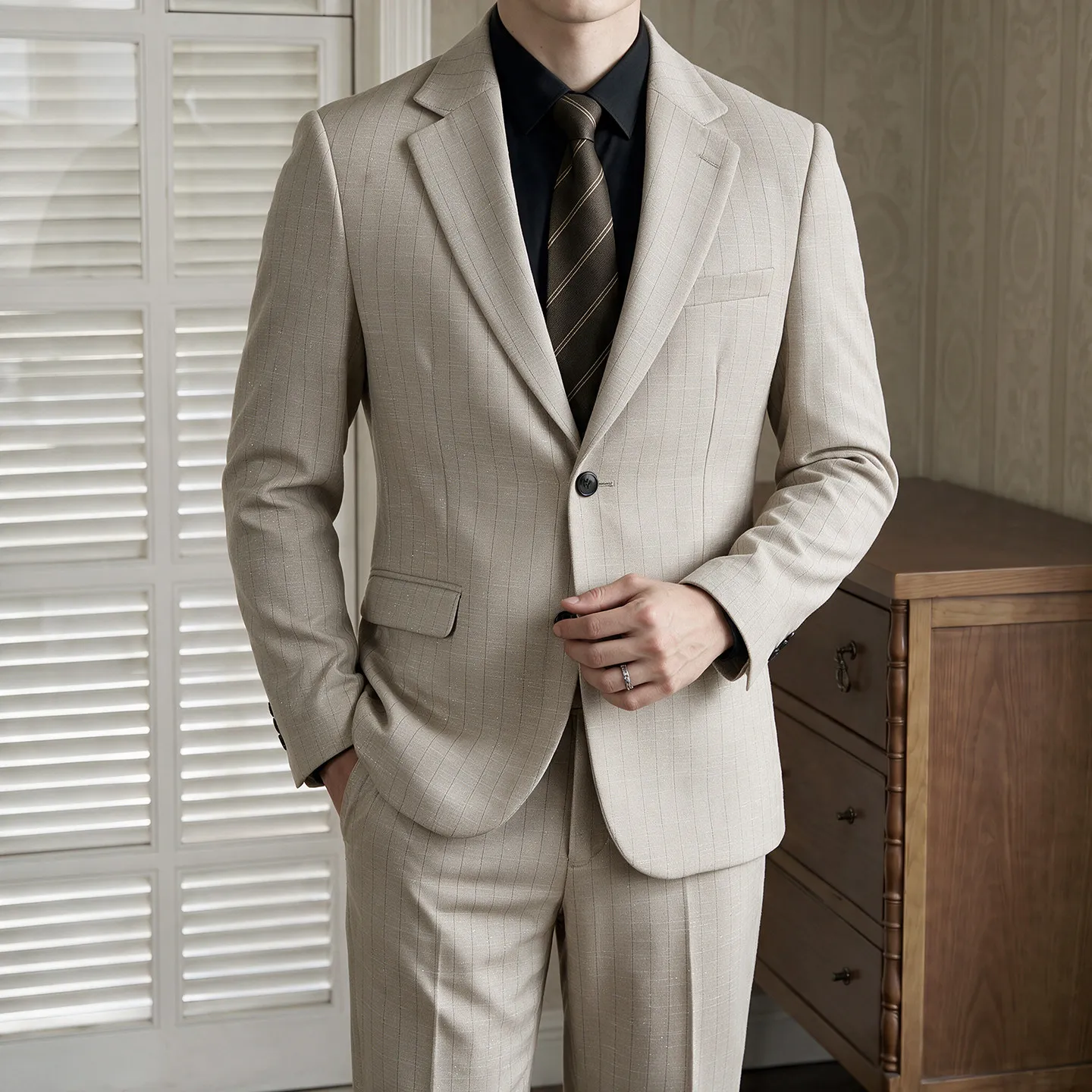 High-Quality Men's Wedding Linen Silver Thread Suit Texture Stripe Vintage Two-Piece Suit Set for Matures Fashionable Groom