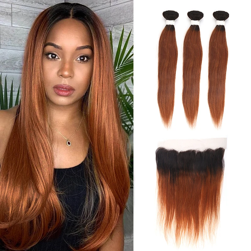 Tissage en Lot Brésilien Naturel Remy avec Lace Closure, Cheveux Lisses, Brun Ombré T1B/30, 3 Lots