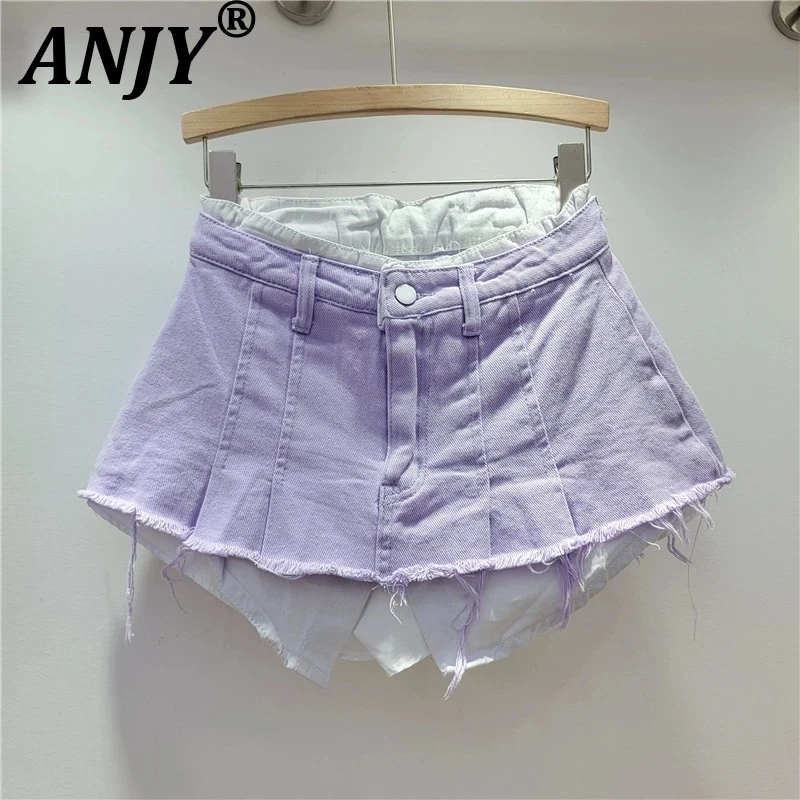 

ANJY Summer New Women's Streetwear Trendy Sexy Hot Pleated Contrast Color Patchwork Denim Burrs Fake Two-piece Mini Skirts A7670