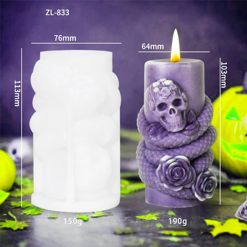 Skull Snake Cylindrical Candle Silicone Mold Halloween Candle Mold DIY Handmade Aromatherapy Gypsum Epoxy Resin Making Mould