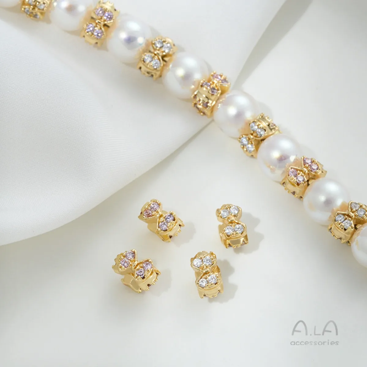 Brass Gold Plated Zircon Bowknot Ring Spacer Beads DIY Pearl Bracelet Handmade Jewelry Findings