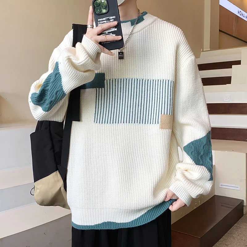 

Men Long Sleeve Round Neck Sweaters Fashion Patchwork Knitted Pullovers 2025 Autumn Winter Male Warm Knitwear Casual Loose Tops