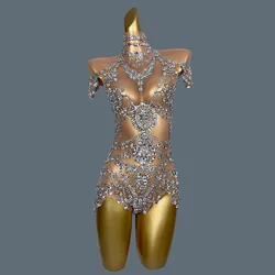 Sparkly Diamonds Bodysuit Women Sexy Mesh Transparent Dance Outfit Performance Costume Singer Party Club Show Stage Wear Wuniang