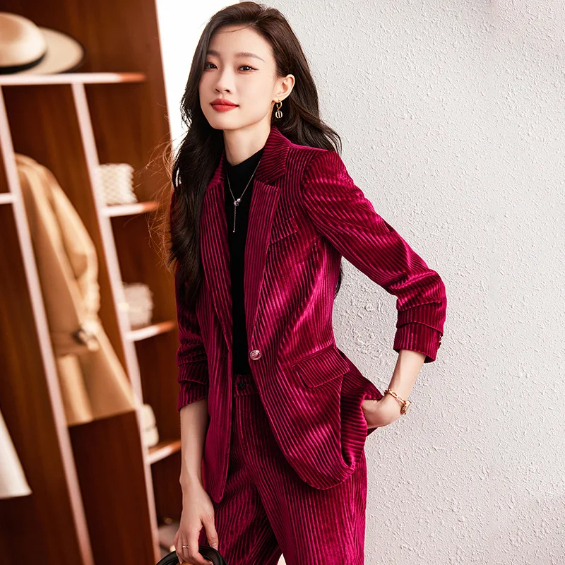 Women\'s 2 Piece Velvet Suit Office Work Suit Notch Lapel Double Breasted Blazer Pants Business Suit Set