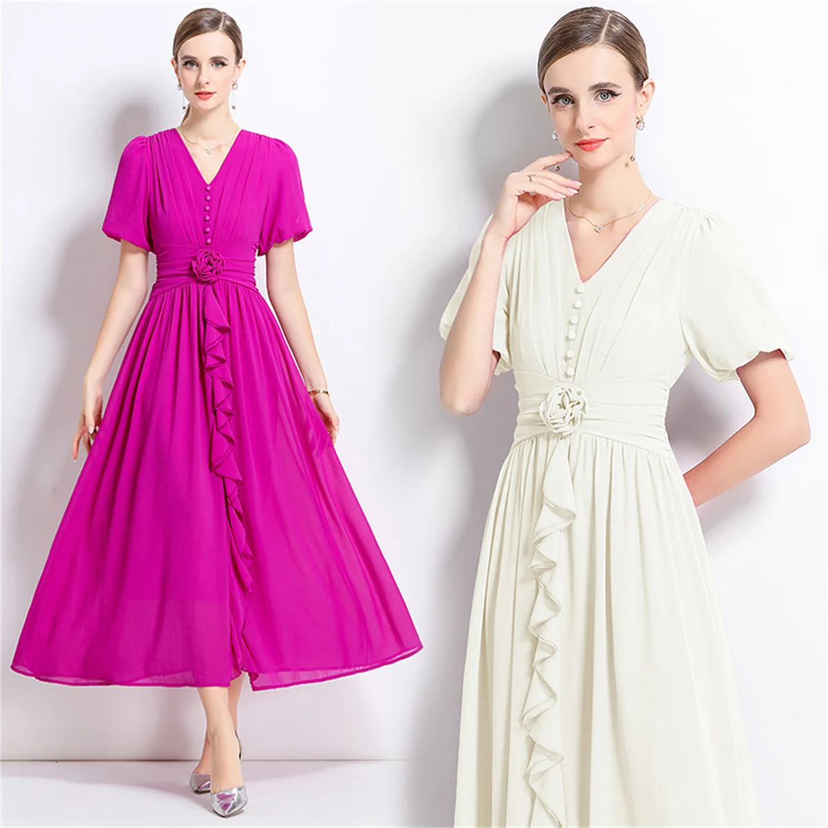 

New Fashion Handmade 3D Flowers Chiffon Long Maxi Dresses Women's V-neck Short Sleeve Ruffles Splice Temperament Long Dress