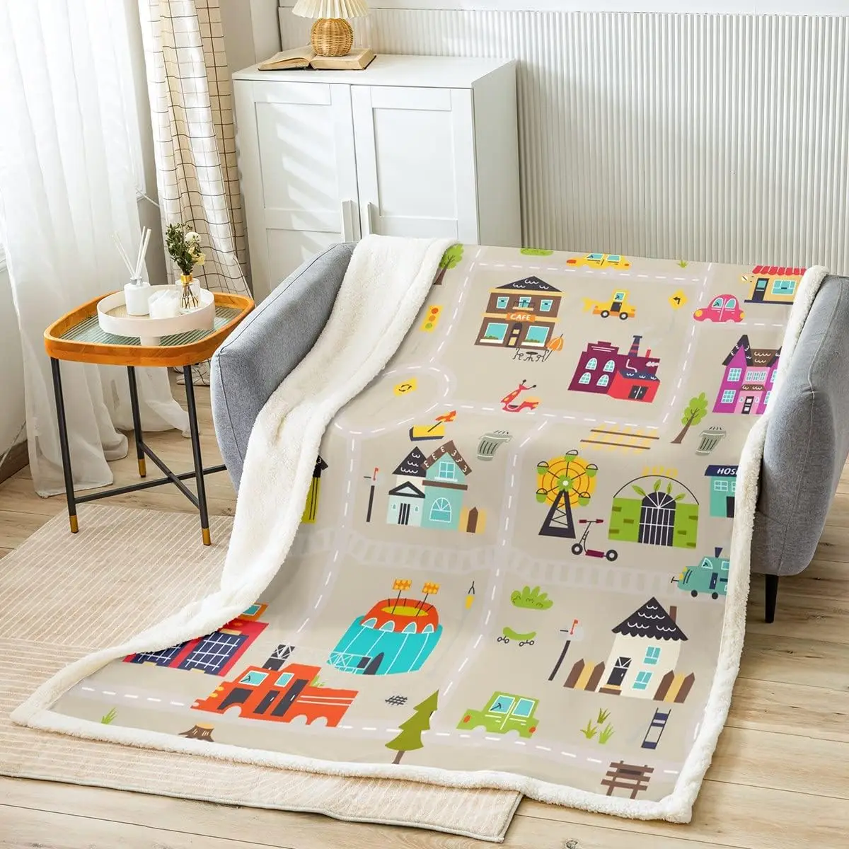 

Cartoon Town Throws Blanket,City Road Map Themed House and Cars Print Sherpa Blanket for Girls Teens, Colorful Building