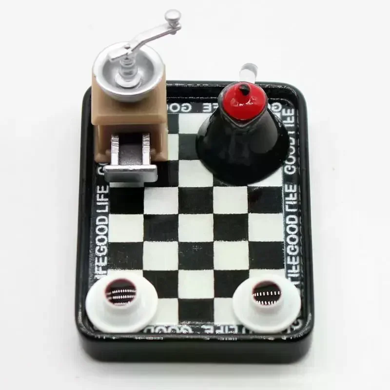 Dollhouse Miniature Coffee Maker Grinder Black And White Checkered Dinner Plate Set Model For Doll House Decor Pretend Play Toys
