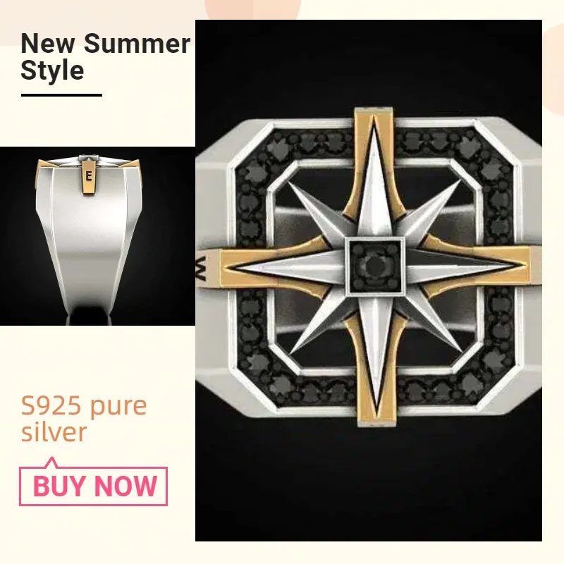 Pure silver S925 Viking compass seal ring for men. Retro European silver double-color finger ring.