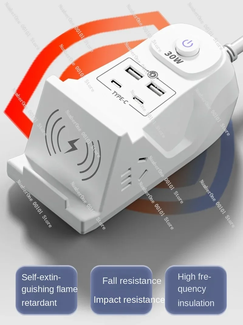 30W Wireless Charging Power Strip with Fast Charging USB Port Home Office Long Cable Power Strip