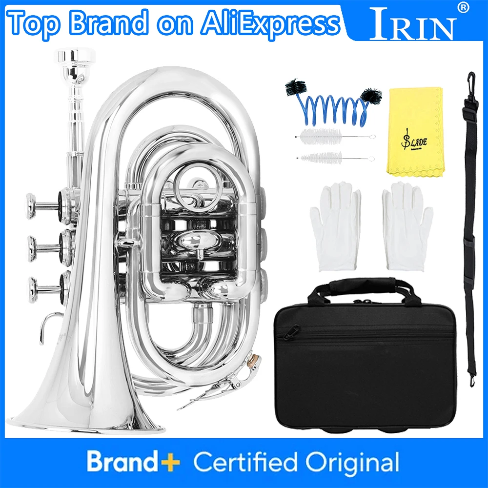 SLADE Mini Taschentrompete Bb Flach Premium Messingmaterial Blasinstrument mit Mundstück Handschuhen Reinigungstuch Tragetasche Set