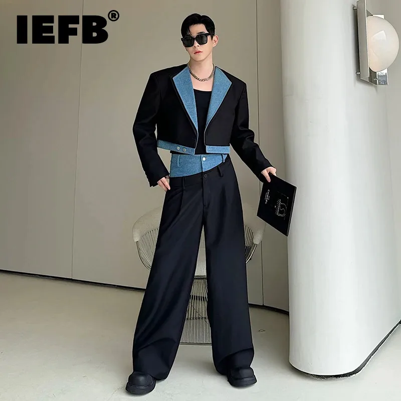 

IEFB New Men's Two-piece Niche Design Denim Spliced Short Suit Jacket Staggered Double Waist Wide Leg Pants Set 2024 9C7317