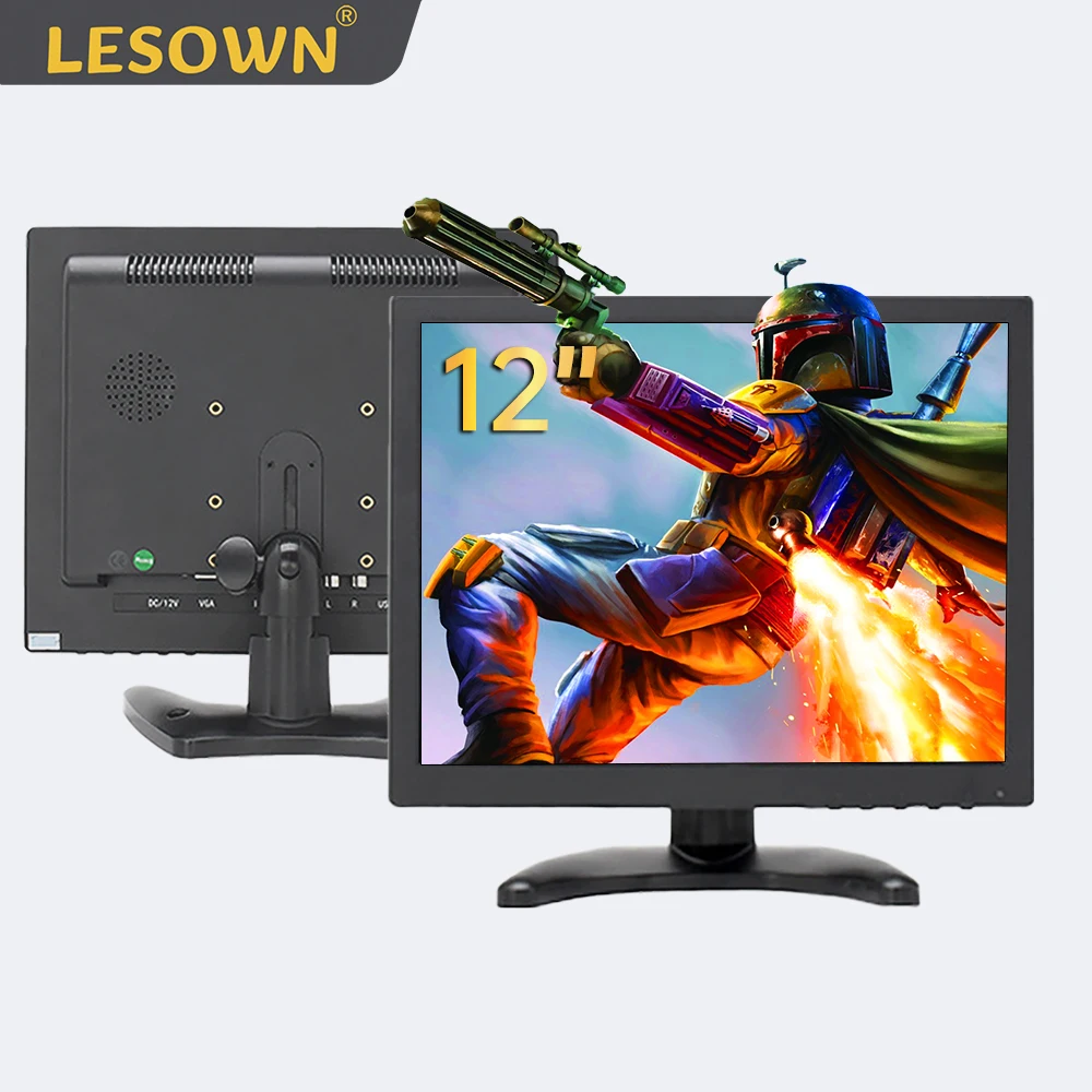 LESOWN Small HDMI CCTV Monitor 12 inch 1024x768 IPS 4:3 Screen VESA VGA AV BNC Display for Raspberry Pi PC Laptop Plastic Shell