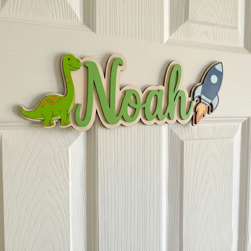 placa-de-nome-personalizada-em-madeira-com-dinossauro-e-foguete--decoracao-de-parede-com-tema-de-dinossauro-verde-vibrante-para-quarto-sala-de-jogos