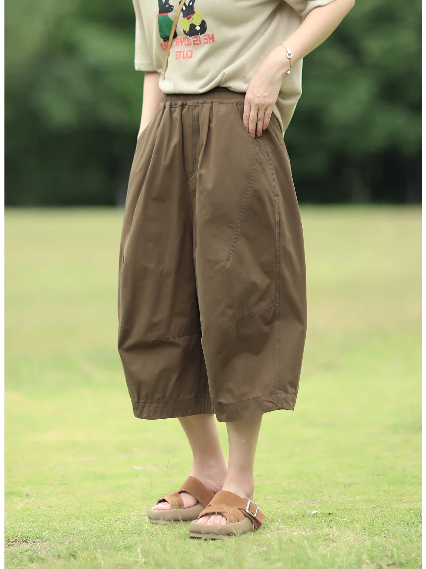 

Women's Casual Loose Fit High Waist Straight Leg Pants Sixths Summer Thin Material Versatile Comfortable ket Detail