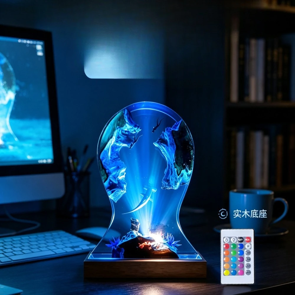22 * 14 * 3.5cm+base Atmosphere Hammer Shark Diver Home Desktop Decoration Epoxy Resin Sculpture Unique Gift