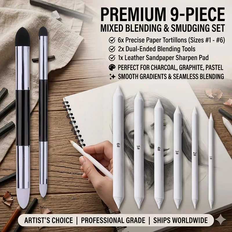 9Pcs Paper Blending Stumps Set for Beginners, Charcoal & Pencil Drawing Smudge Tools, Shading & Detailing Art Supplies