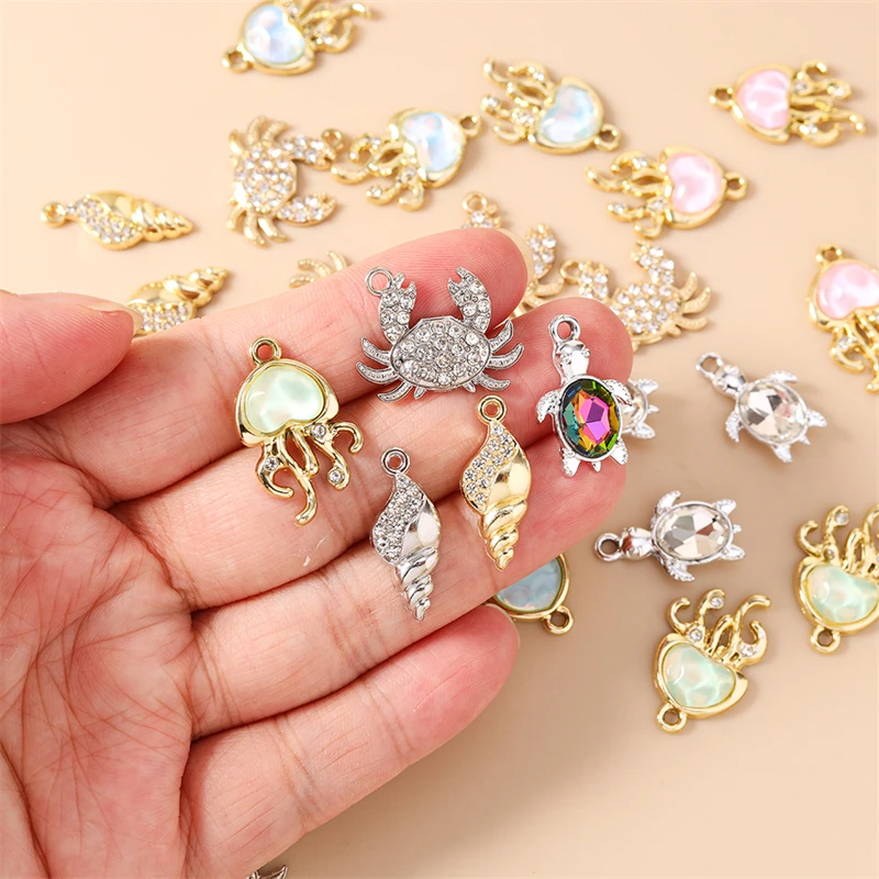 10 Stück Niedliche Kristall-Metall-Anhänger in Krabben-, Schildkröten- und Muschelform für die Herstellung von Halsketten, Ohrringen, Armbändern, DIY-Bastelarbeiten und Schmuckzubehör – Detail 2