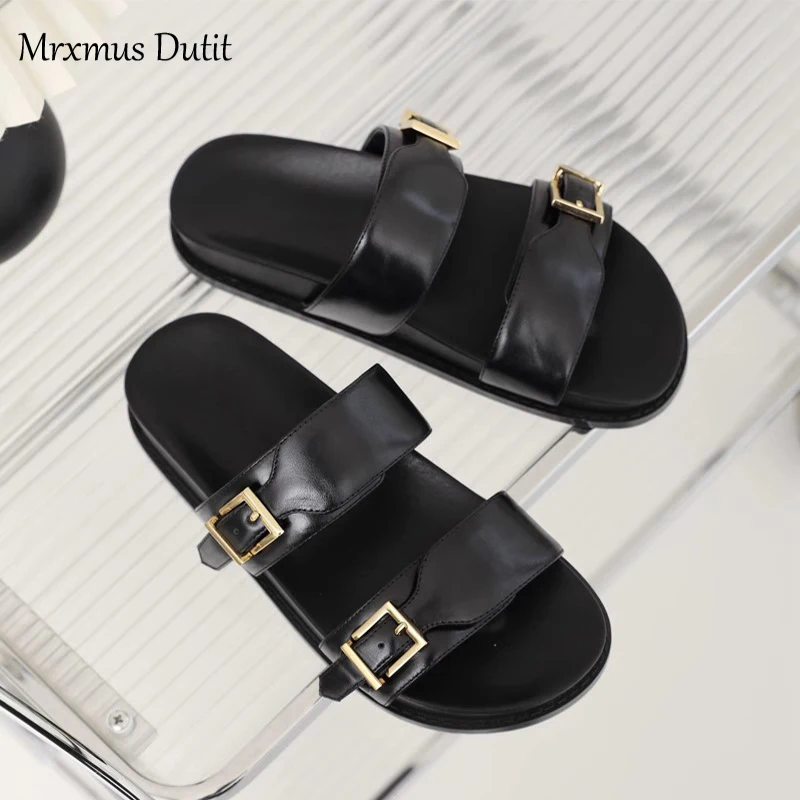 Mrxmus Dutit 2023 Summer British Retro Gold Buckle Casual Sandals Flat Sandals Fashion Leather Shoes Women\'s Shoes