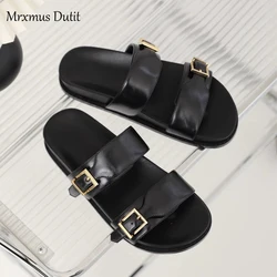 Mrxmus Dutit 2023 Summer British Retro Gold Buckle Casual Sandals Flat Sandals Fashion Leather Shoes Women's Shoes