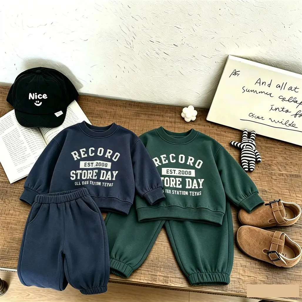 Trendy Sweatshirts+Pants 2pcs Long-sleeved Outfits Child Fashion Casual Costume Letter Print Hoodie Sweatpants Baby Simple Suit