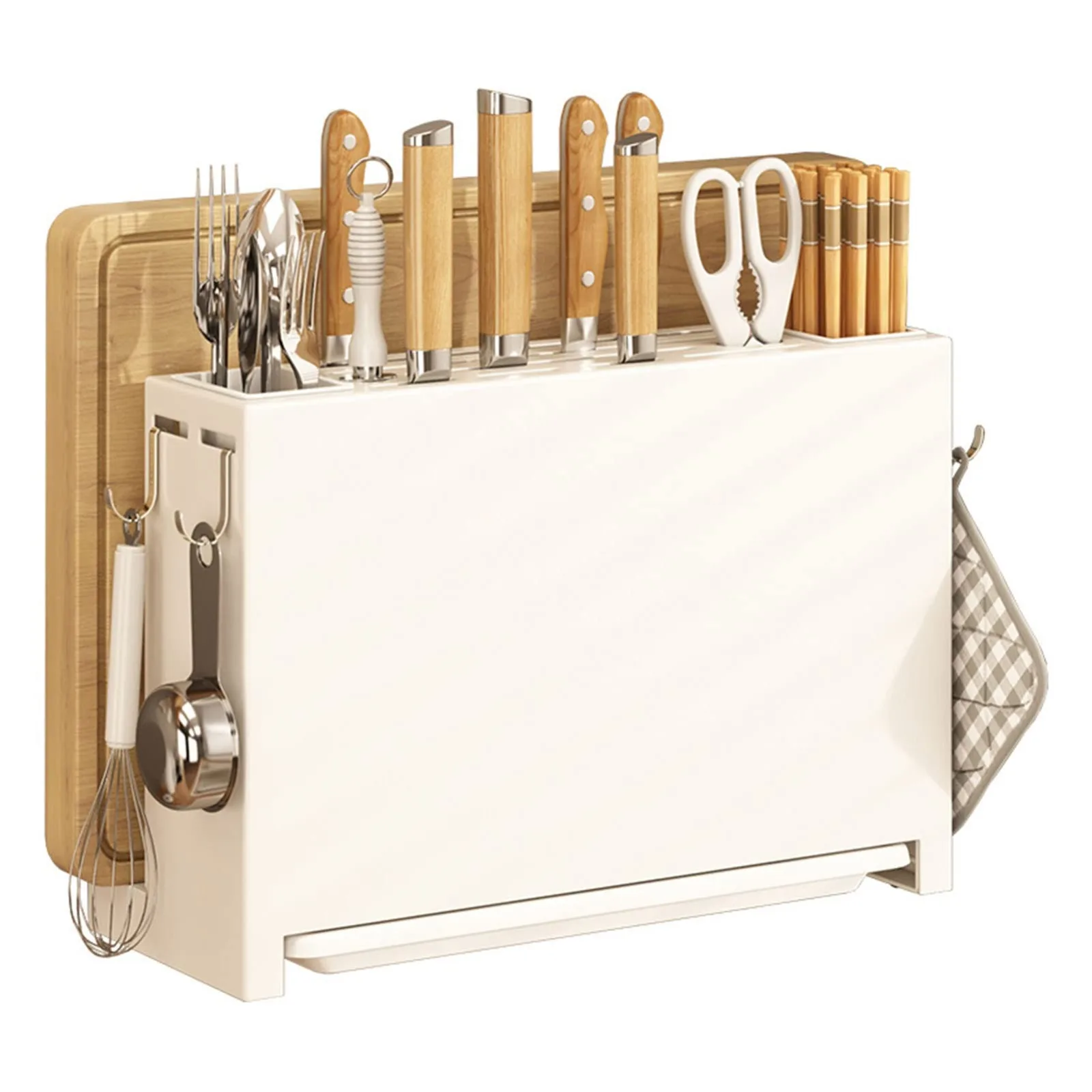 White Kitchen Knife Rack Holder with Chopsticks Storage Cutting Board Stand Compact Countertop Organizer for Small Home Kitchen