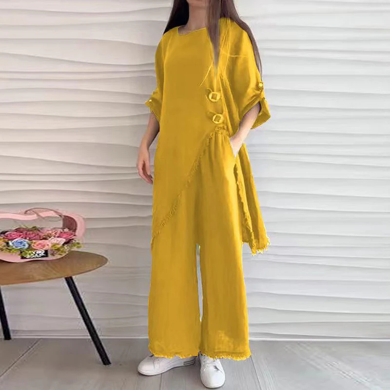 Vintage Clothes Women 2024 Spring Round Neck Side Slit Long Top & Long Pants Outfit Set Summer Solid Half Sleeve Irregular Suits