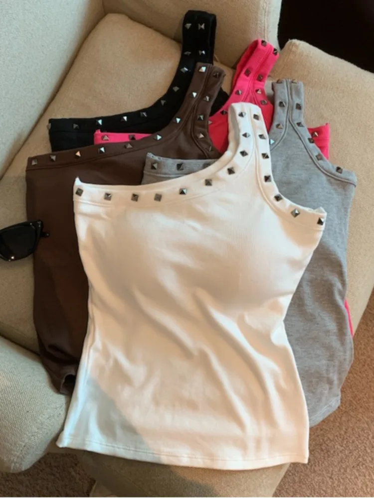 Top Corto con Tirantes de Remaches Estilo Americano Cool Girl, Diseño de Moda, Ajuste Delgado, Prenda Exterior, Top Corto, Sweet Savvy Girl