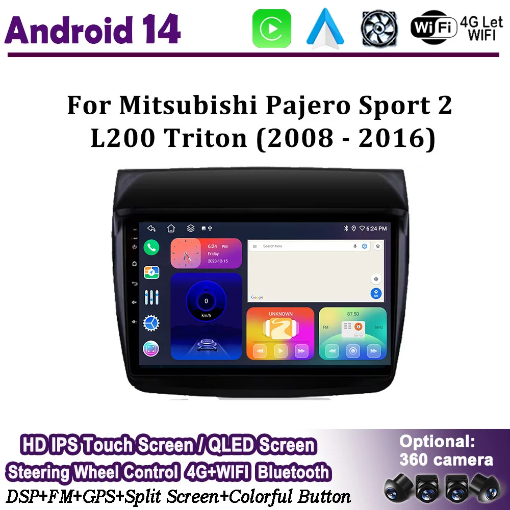 For Mitsubishi Pajero Sport 2 L200 Triton 2008 - 2016  GPS Navi android 14 Car Video Player DSP 4G WIFI IPS DLED Screen BT  Fan