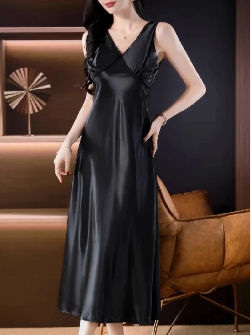 여성을위한 여름 하이 엔드 실크 수면 복장 중간 긴 경사 컷 새틴 파자마 조끼 드레스 W174