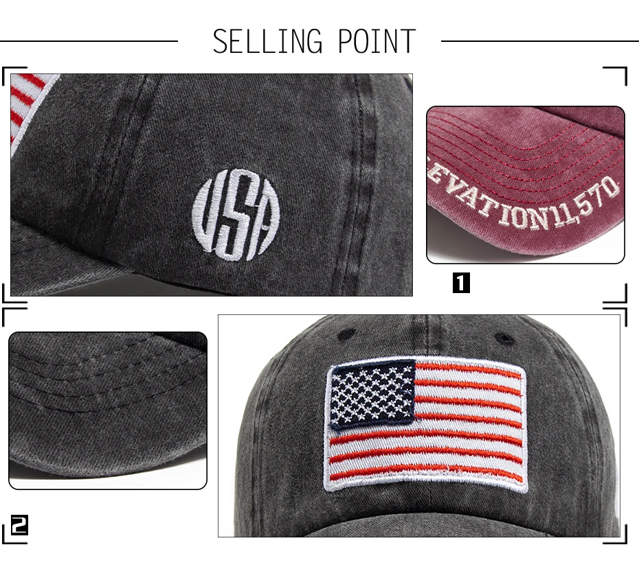 USA Flagge Herren Baseball Cap Retro Stickerei gewaschene Baumwolle Papa Hüte Mode Frauen Hip Hop Caps Sommer Outdoor Sonnenblende Hut – Detail 2