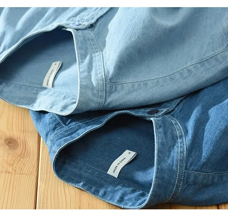 

Classic Light Blue Denim Shirt Men Long Sleeve Daily Casual Shirts Stand Collar Pocket Pure Cotton Jean Shirts Male Simple Top