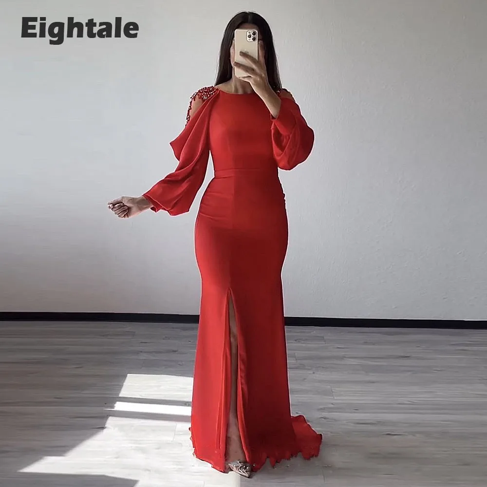 

Eightale Vintage Evening Dress for Wedding Party Chiffon Appliques Long Sleeves Beaded Red Mermaid Prom Gowns Celebrity Dress