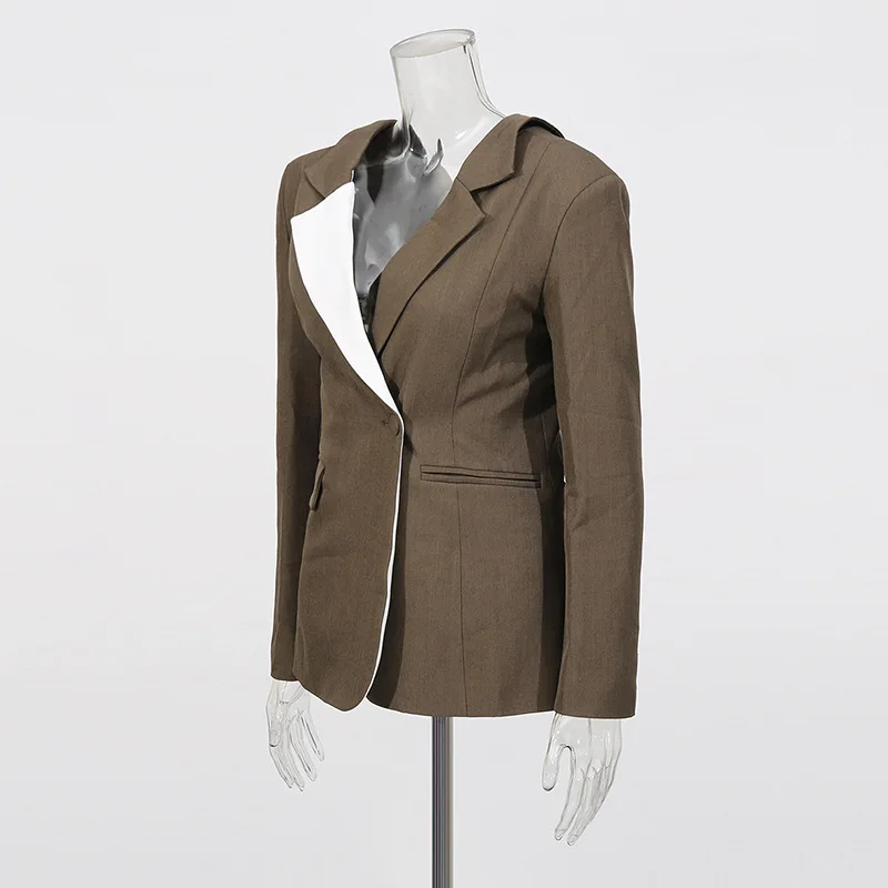 HKSH Spring Autumn New Women Blazer Color Block Single Button Slim Fit Asymmetric Versatile Elegant Fashion Trend Jacket HK17868