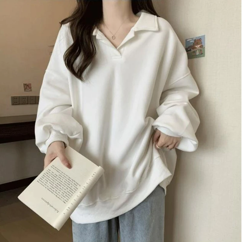 Women\'s Clothing 2024 Trendy Simple Casual Oversized Streetwear Y2K Sweatshirt Polo Collar Solid Long Sleeve Pullover Tunic Tops