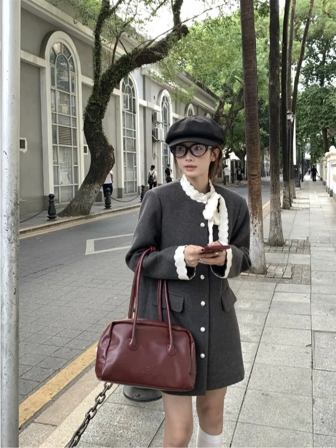 

Hebe Style Knot Woolen Coat Women Summer New High End mid Length Loose Cotton Inserted Outerwear Casual Commute